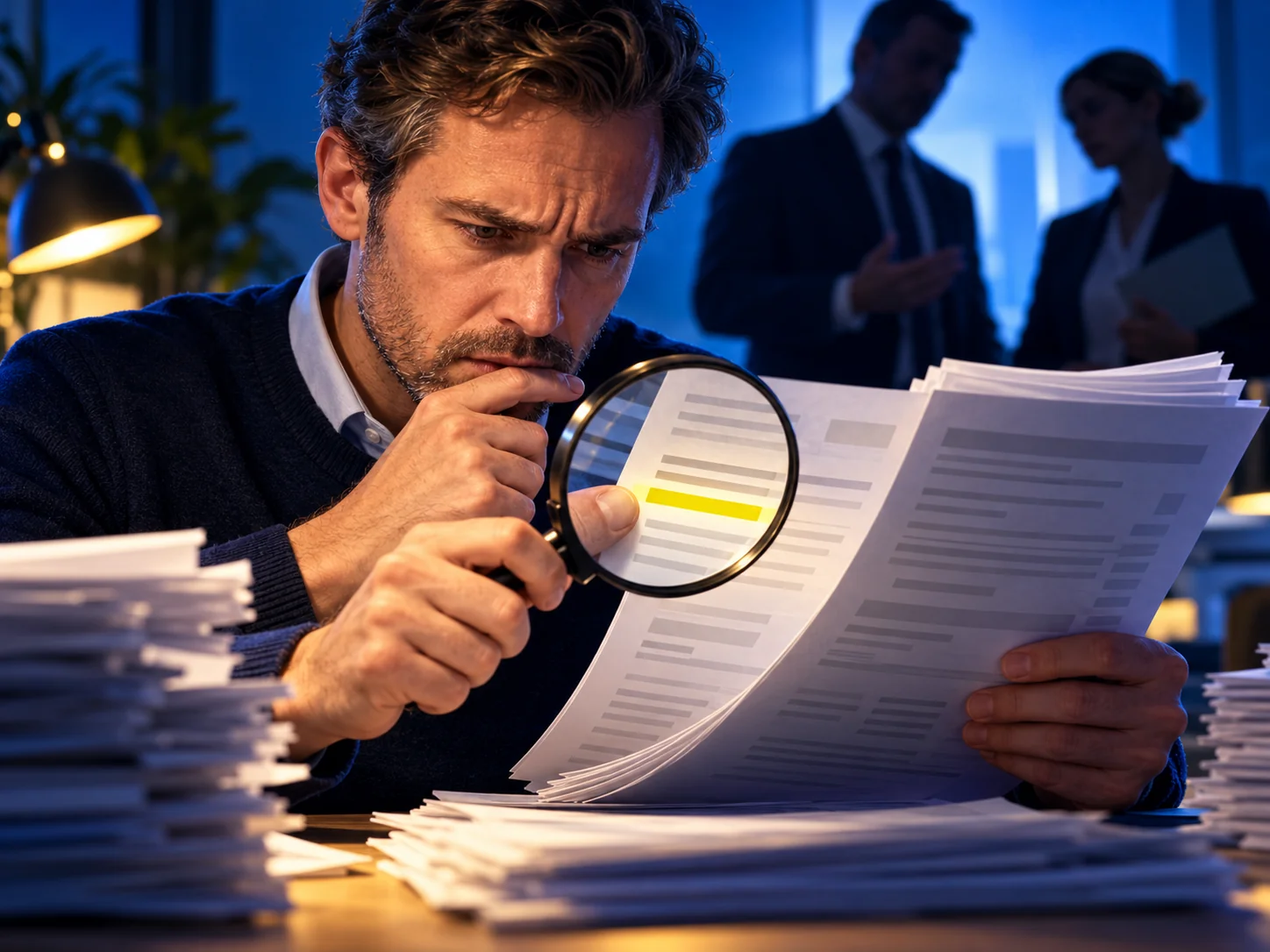 Editorial illustration of a business owner examining energy bills and discovering a concealed charge